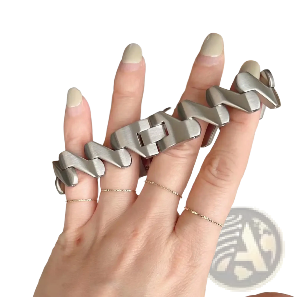 A sleek silver-toned stainless steel chain bracelet with bold geometric links for the square quartz watch gold women