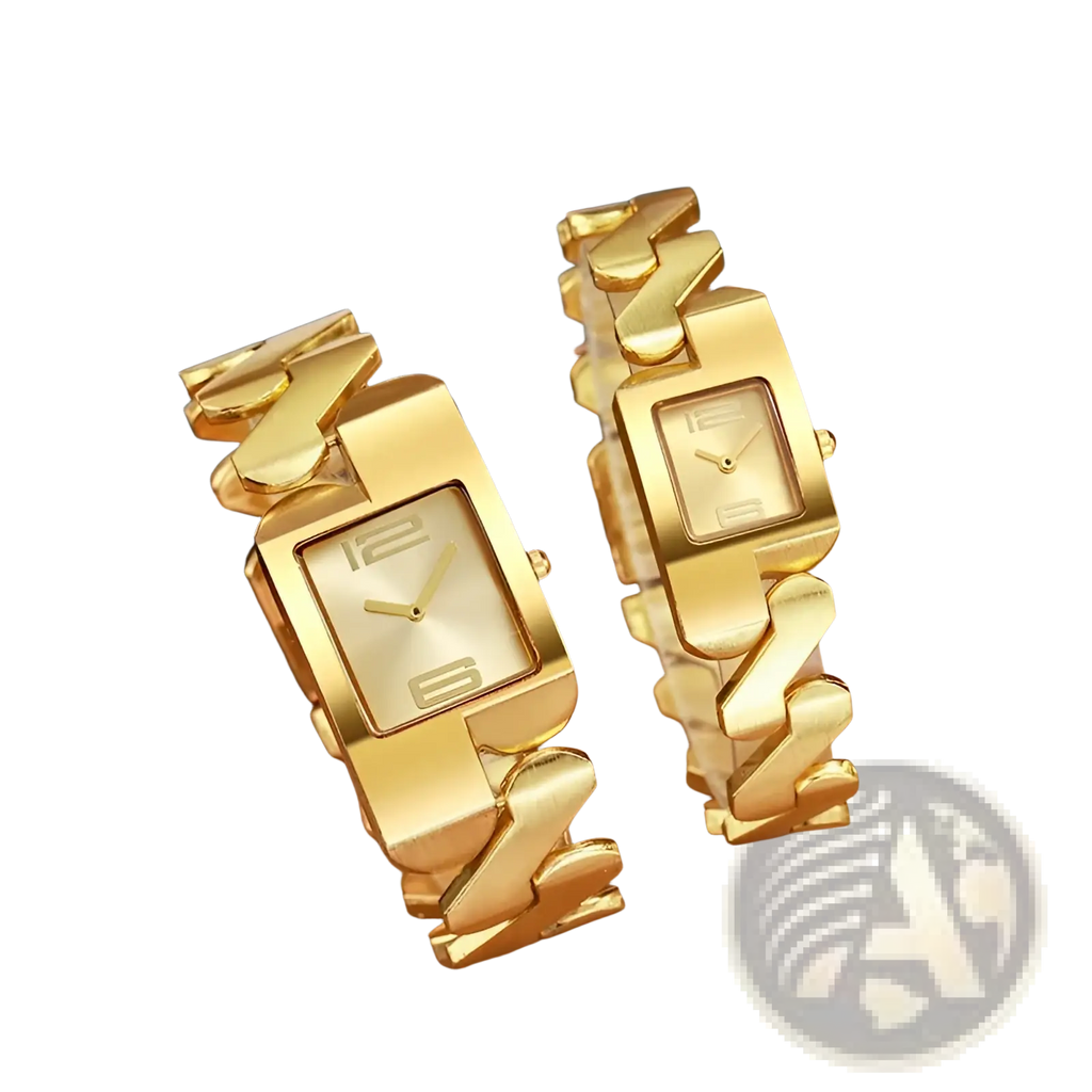 Square quartz watch gold stainless steel women featuring gold-toned rectangular case and bold interlocking chain links