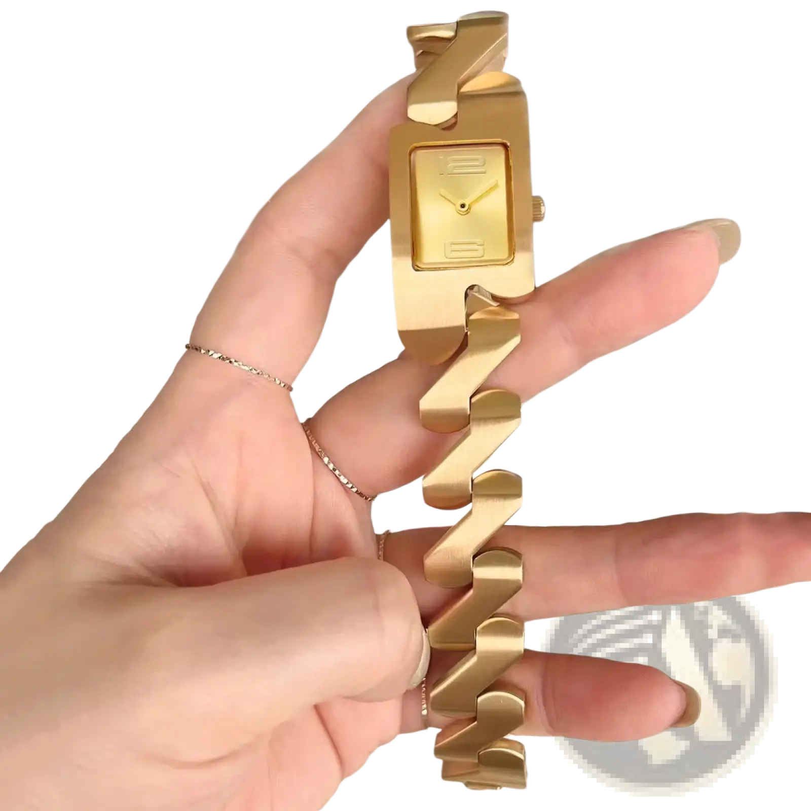 Square quartz watch in gold stainless steel with a bold geometric chain bracelet and minimalist rectangular face