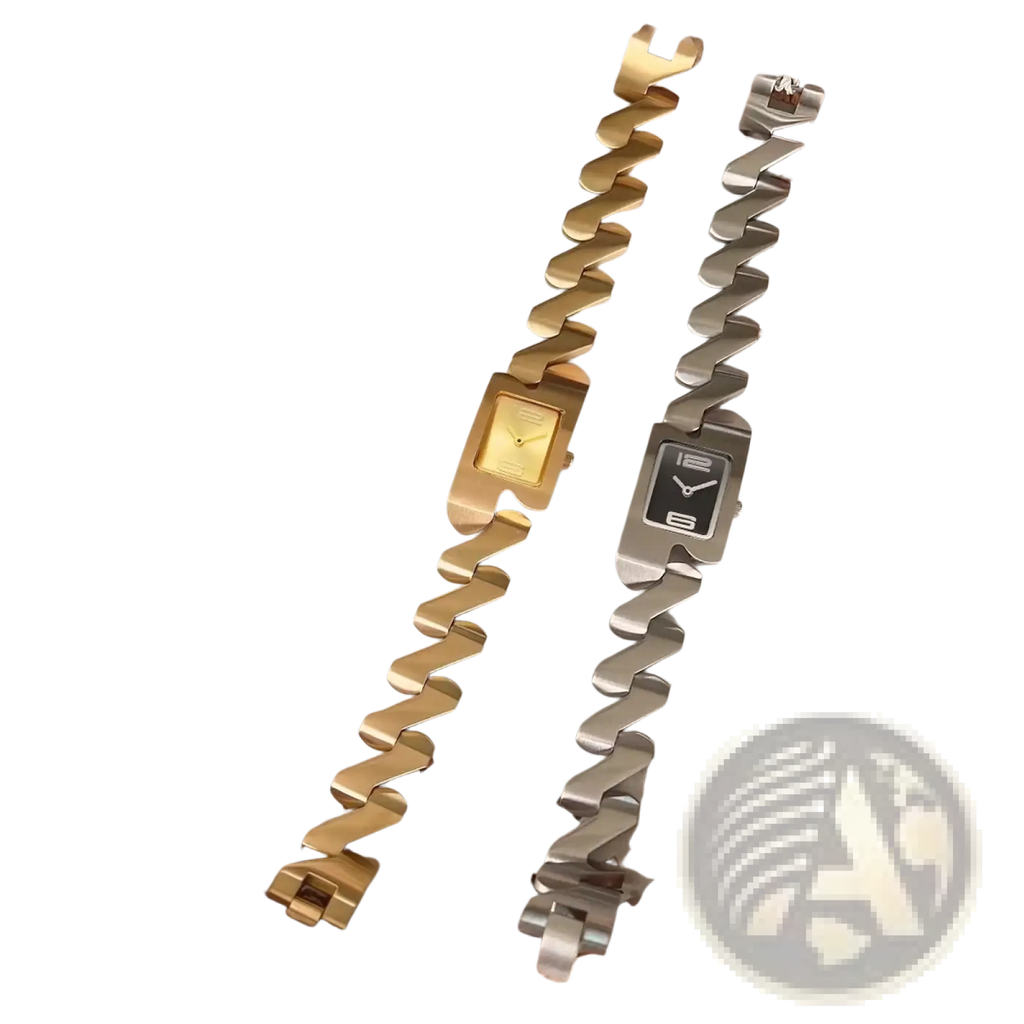Two elegant rectangular square quartz watches with interlocking chain links in gold-tone and silver stainless steel