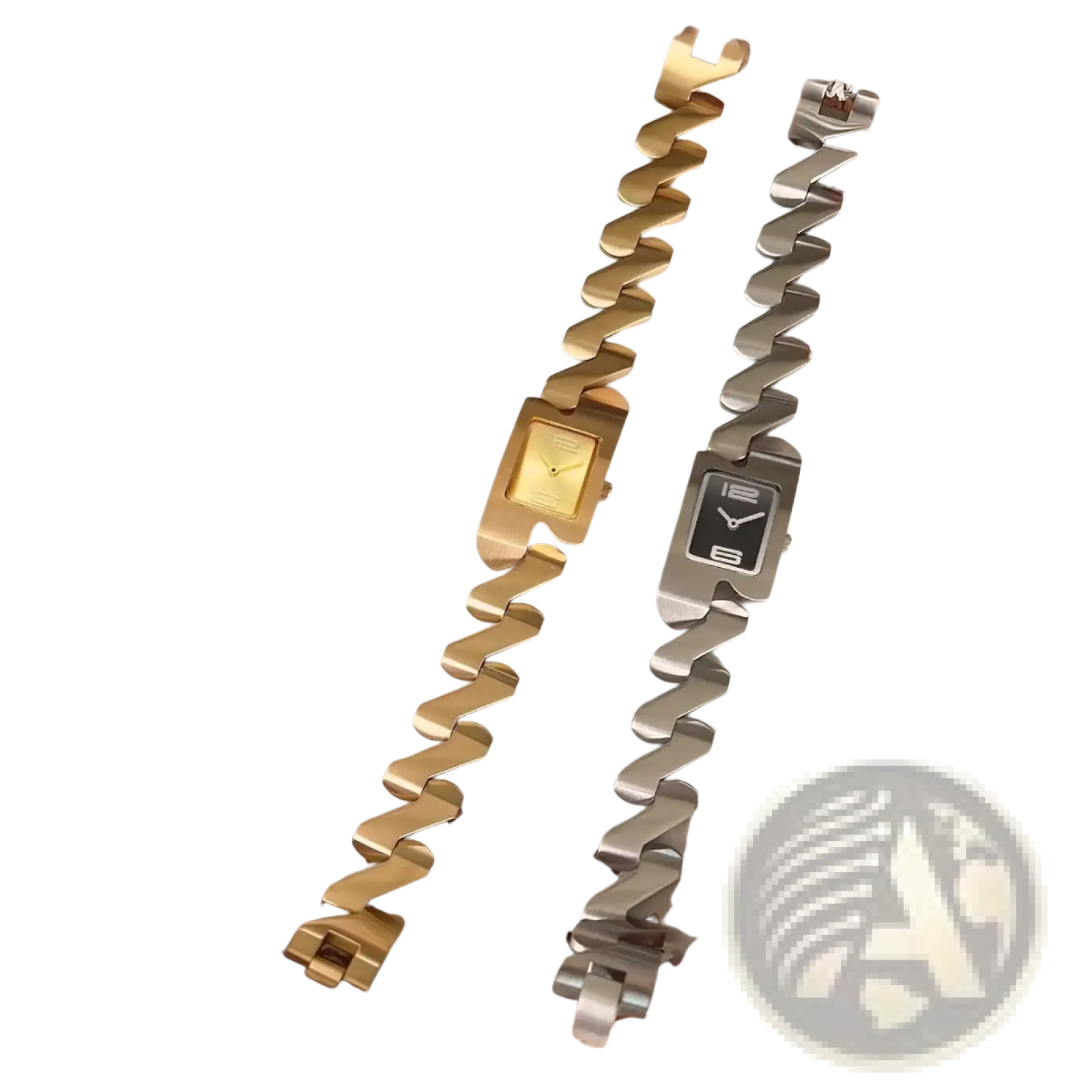 Two elegant rectangular square quartz watches with interlocking chain links in gold-tone and silver stainless steel