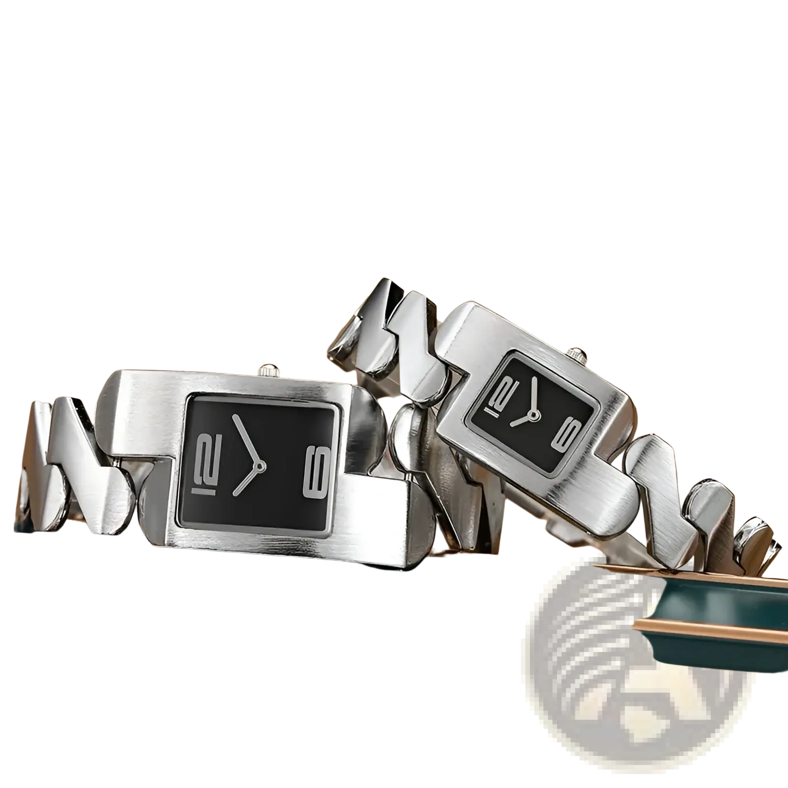 Two sleek silver-toned rectangular square quartz watches with black faces and minimalist white hands for women