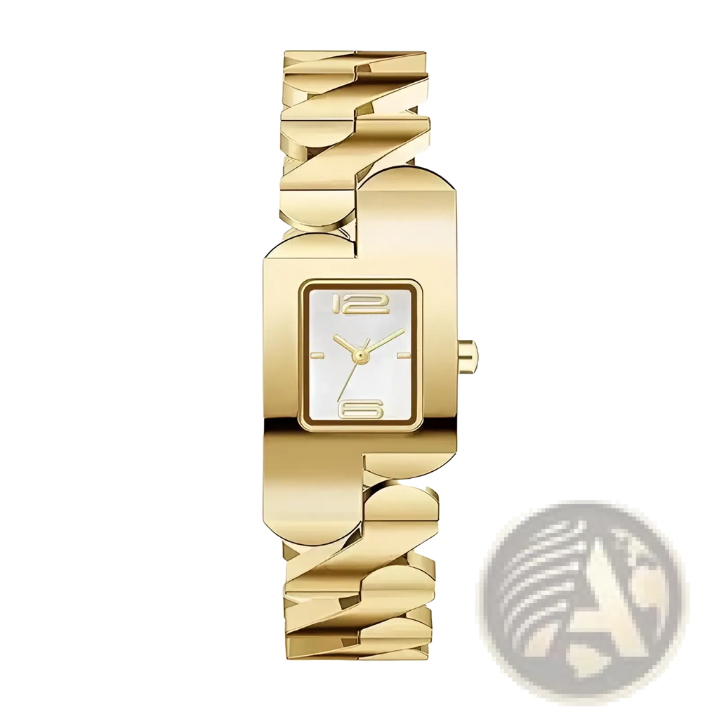 Gold-toned square quartz watch for women with a white dial gold hands and an intricate linked stainless steel bracelet