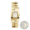 Gold-toned square quartz watch for women with a white dial gold hands and an intricate linked stainless steel bracelet
