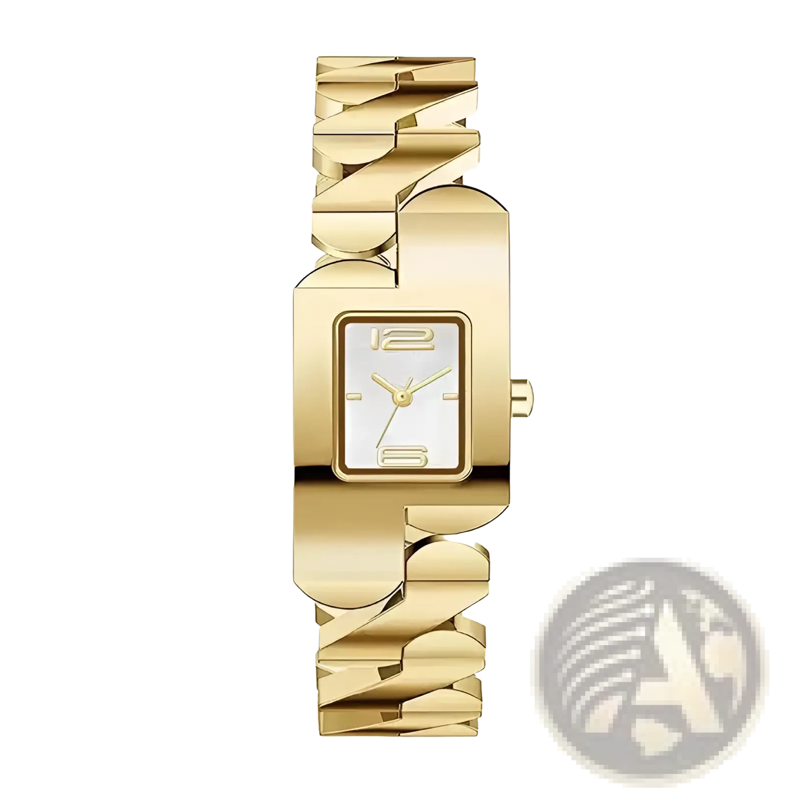 Gold-toned square quartz watch for women with a white dial gold hands and an intricate linked stainless steel bracelet