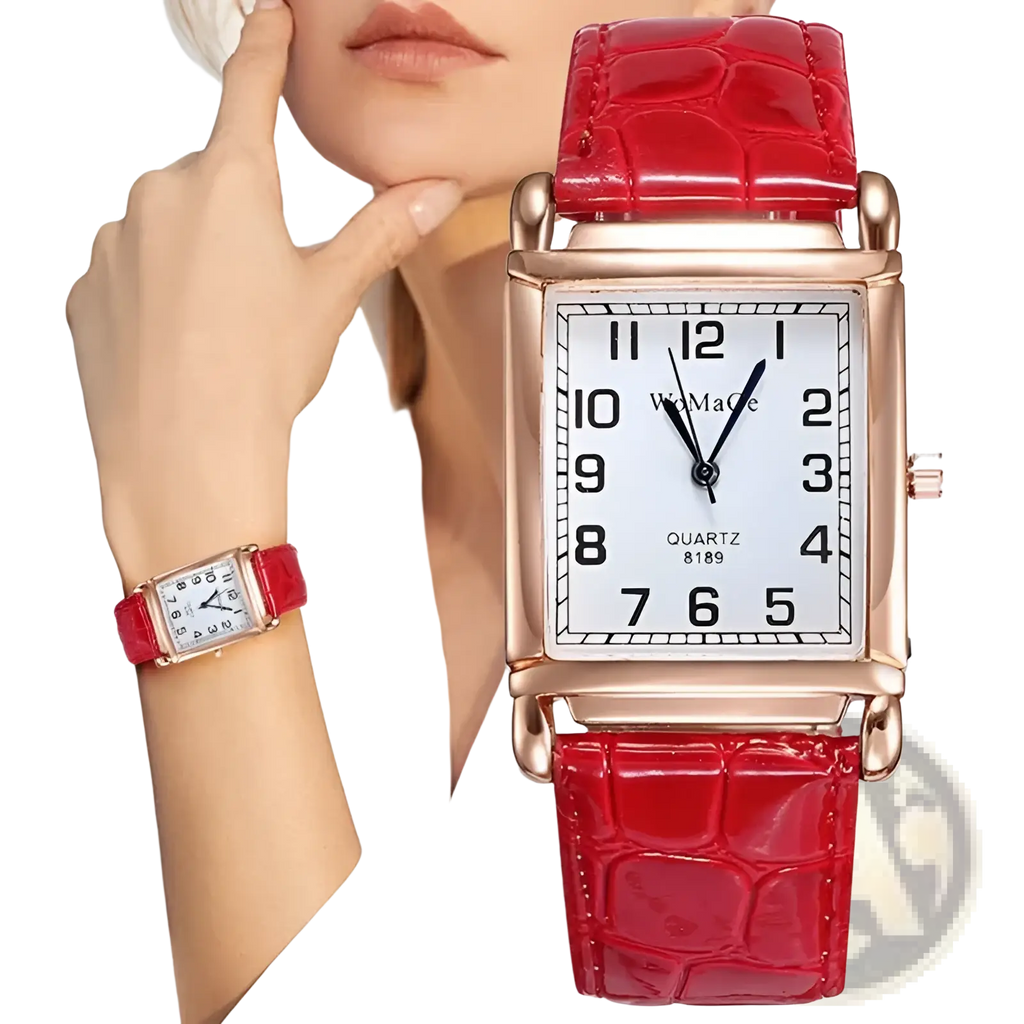 Square rose gold women watch with red crocodile-patterned leather strap and white dial in a rectangular case