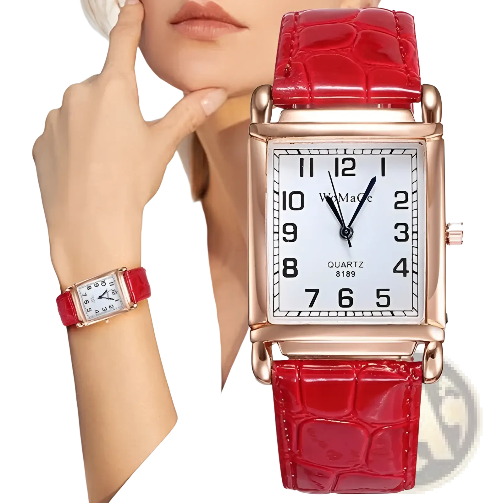 Square rose gold women watch with red crocodile-patterned leather strap and white dial in a rectangular case