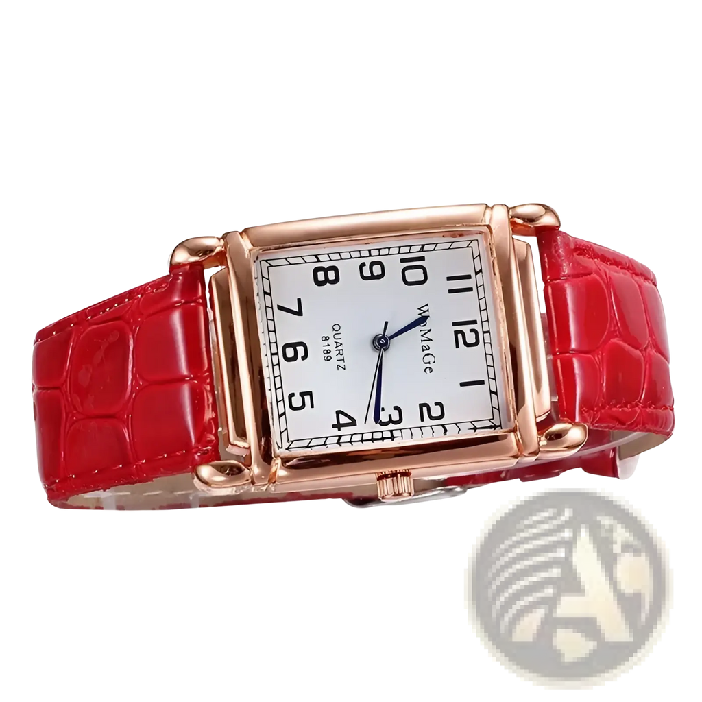 Square rose gold women watch with red crocodile-patterned leather strap and white dial rectangular face
