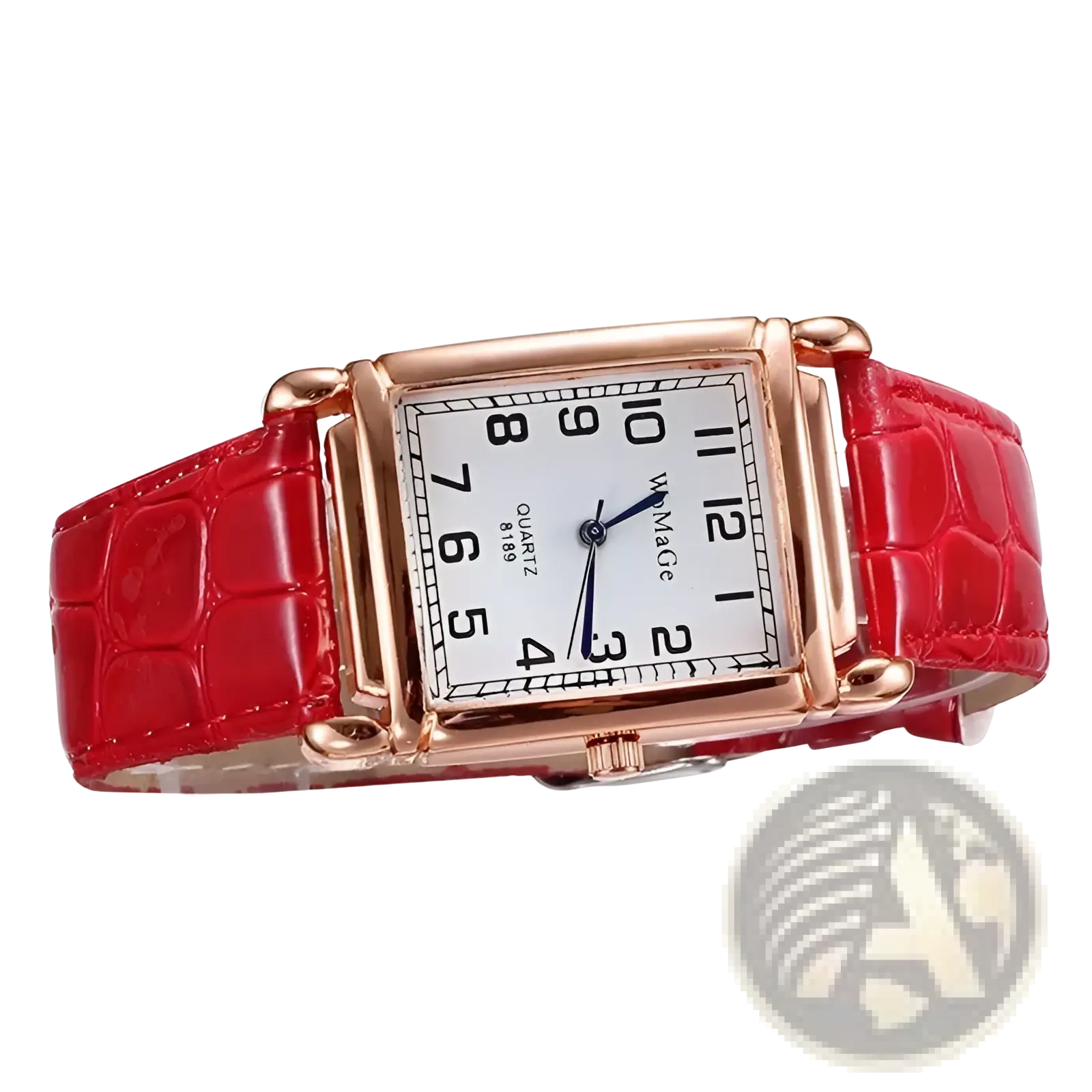 Square rose gold women watch with red crocodile-patterned leather strap and white dial rectangular face