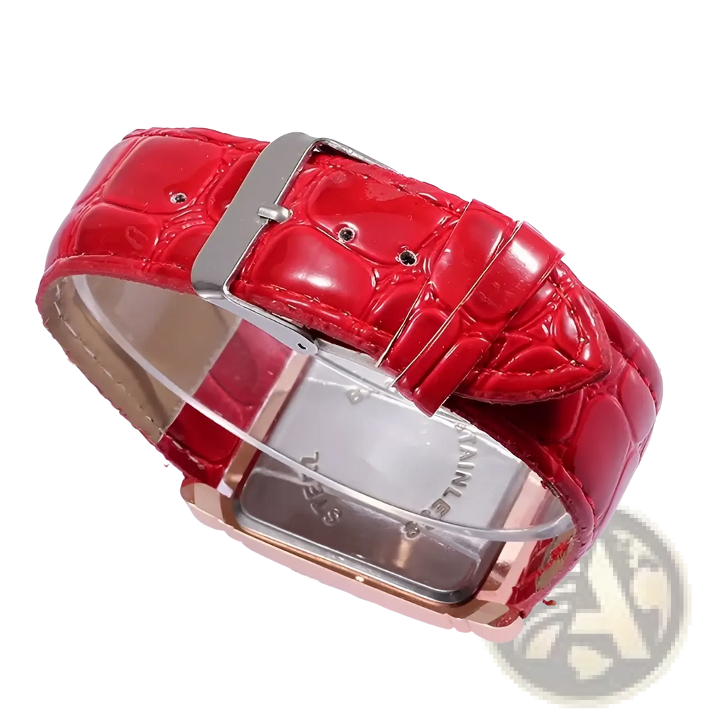 Square rose gold women watch with red crocodile-patterned leather strap and silver-toned buckle