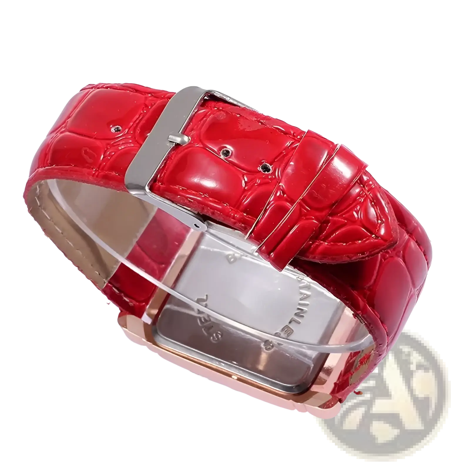 Square rose gold women watch with red crocodile-patterned leather strap and silver-toned buckle
