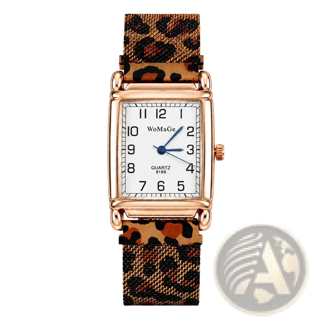 A rectangular rose gold women watch with white dial, black arabic numerals, blue hands, and leopard-print mesh strap