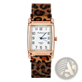 A rectangular rose gold women watch with white dial, black arabic numerals, blue hands, and leopard-print mesh strap