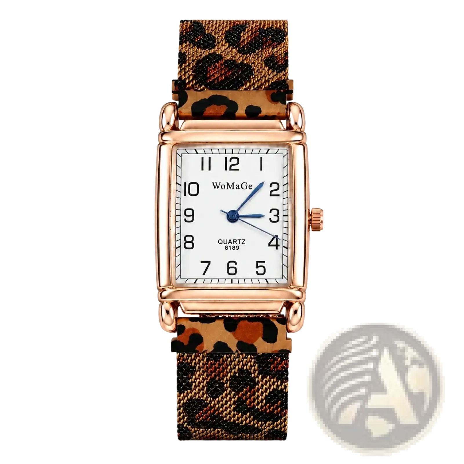 A rectangular rose gold women watch with white dial, black arabic numerals, blue hands, and leopard-print mesh strap