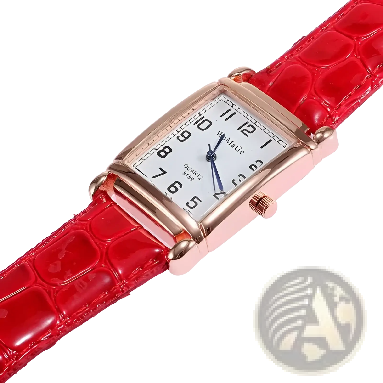A square rose gold women watch with a white face black numerals and a red crocodile-pattern leather strap