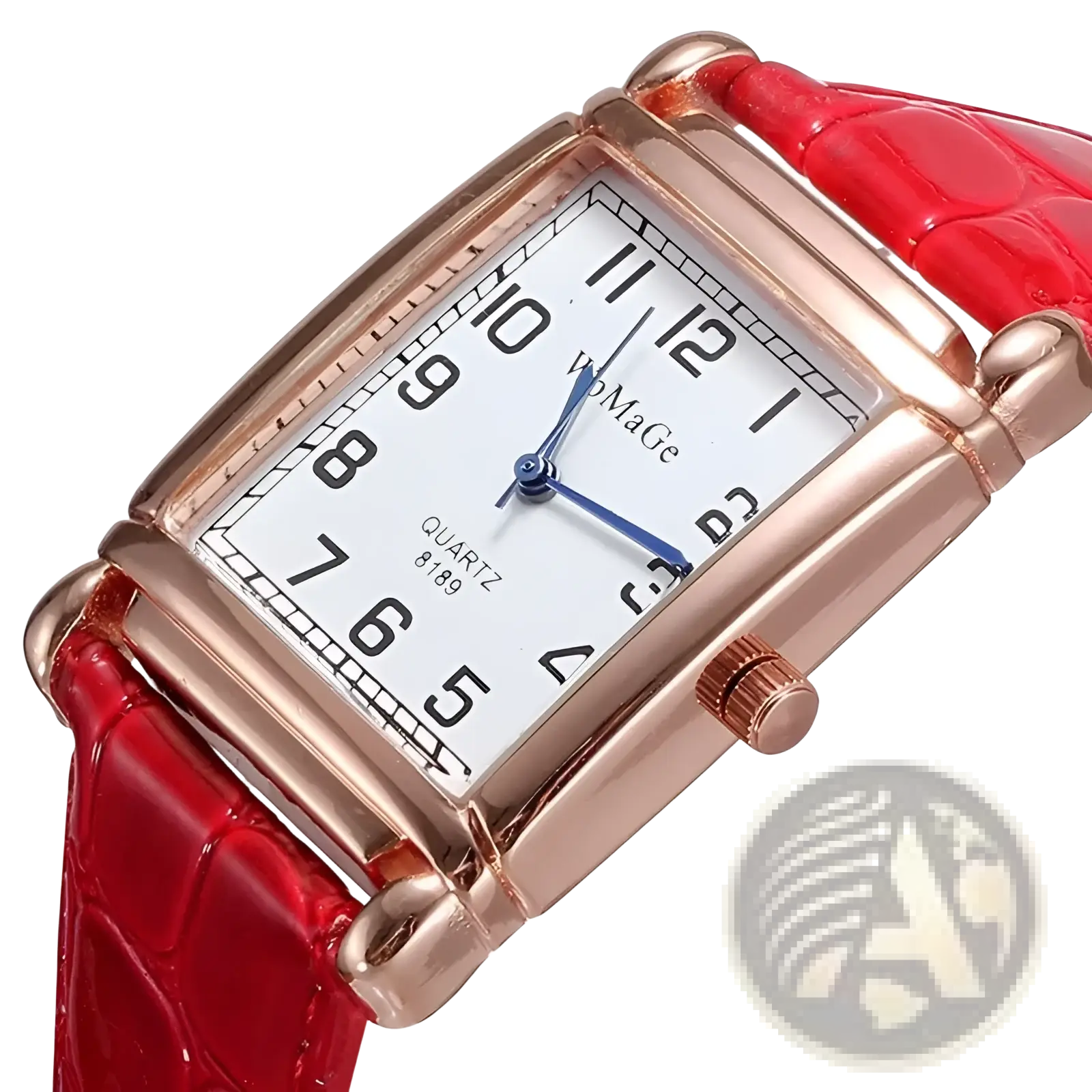 Square rose gold women watch with white face black numerals blue hands and vibrant red crocodile leather strap
