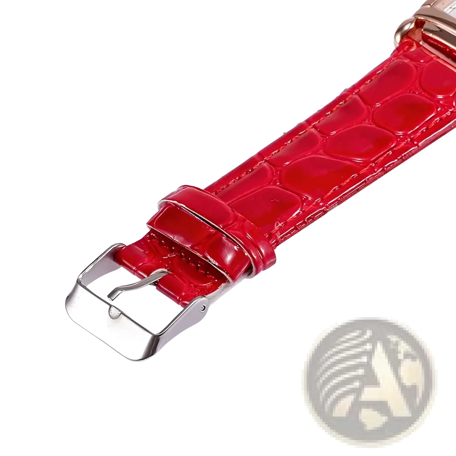Square rose gold women watch with vibrant red crocodile-patterned leather strap and polished silver buckle