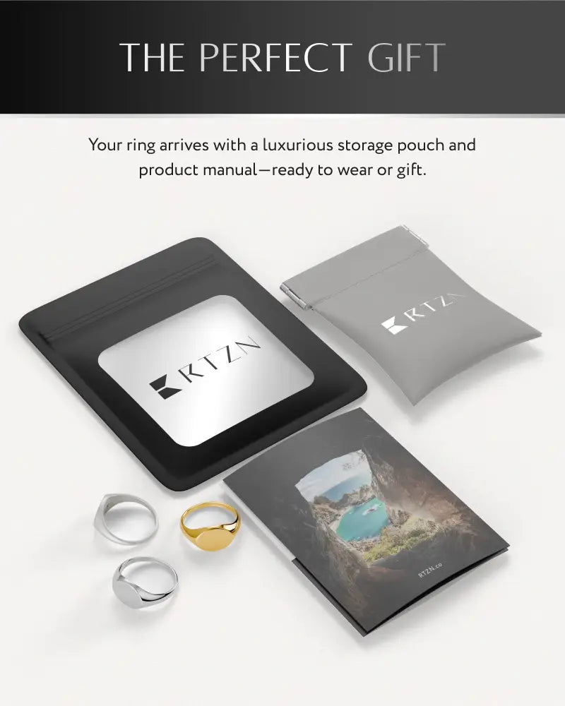 Black rectangular ring box with silver logo and matte finish for 18k gold plated square signet ring for men