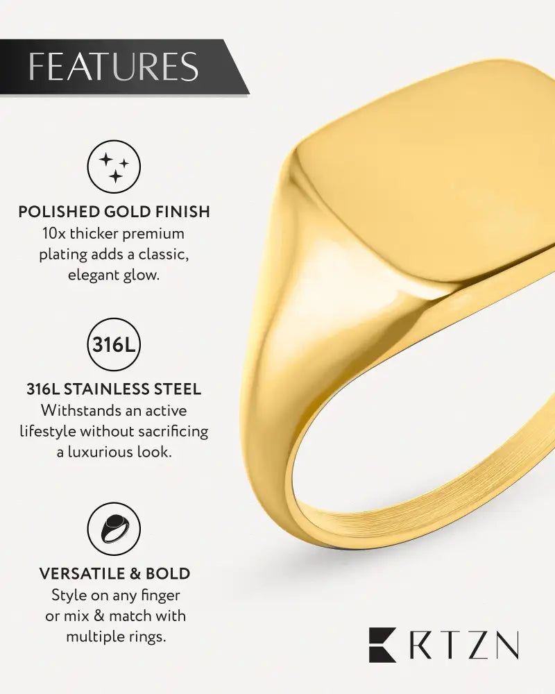A sleek 18k gold plated square signet ring for men with a polished 316l stainless steel band and thick premium plating