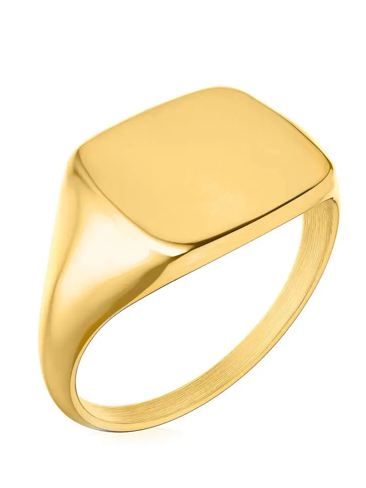 18k gold plated square signet ring for men with a smooth rectangular face and brushed gold-toned band
