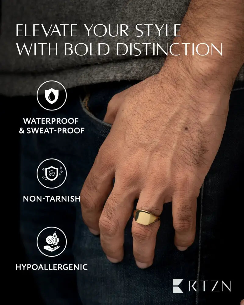 18k gold plated square signet ring for men with a gold-toned rectangular flat face and smooth edges