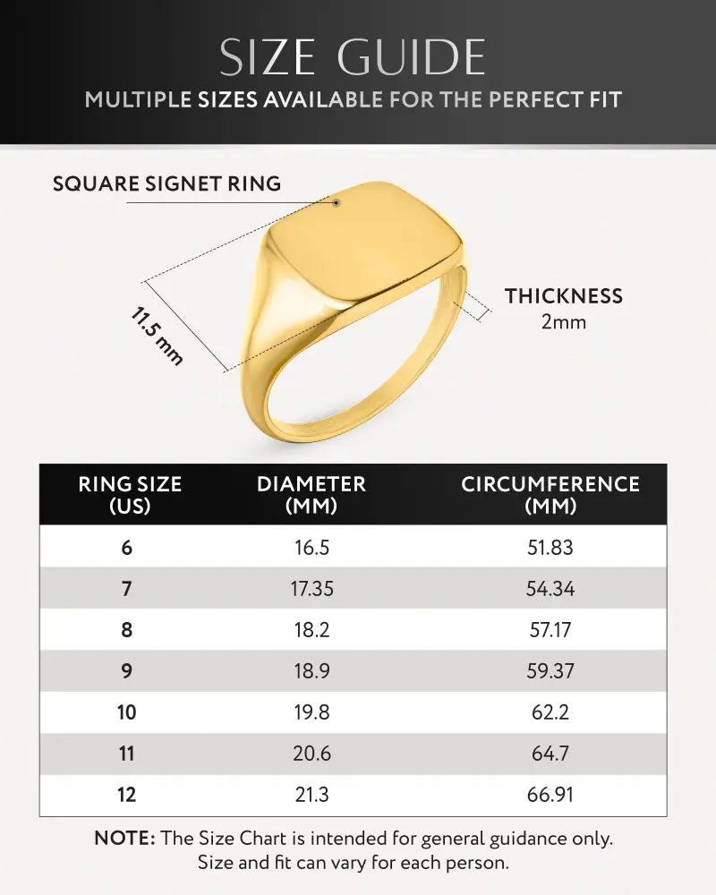 18k gold plated square signet ring for men with 11.5 mm width 2 mm thickness and polished finish