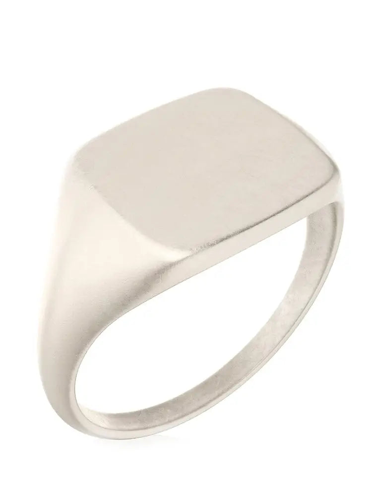 Oxidized silver square signet ring with smooth rectangular face and polished stainless steel band