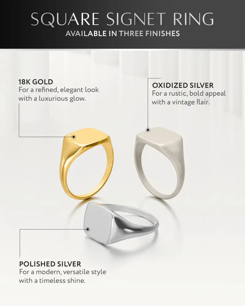 Oxidized silver square signet ring in stainless steel available in 18k gold and polished silver finishes