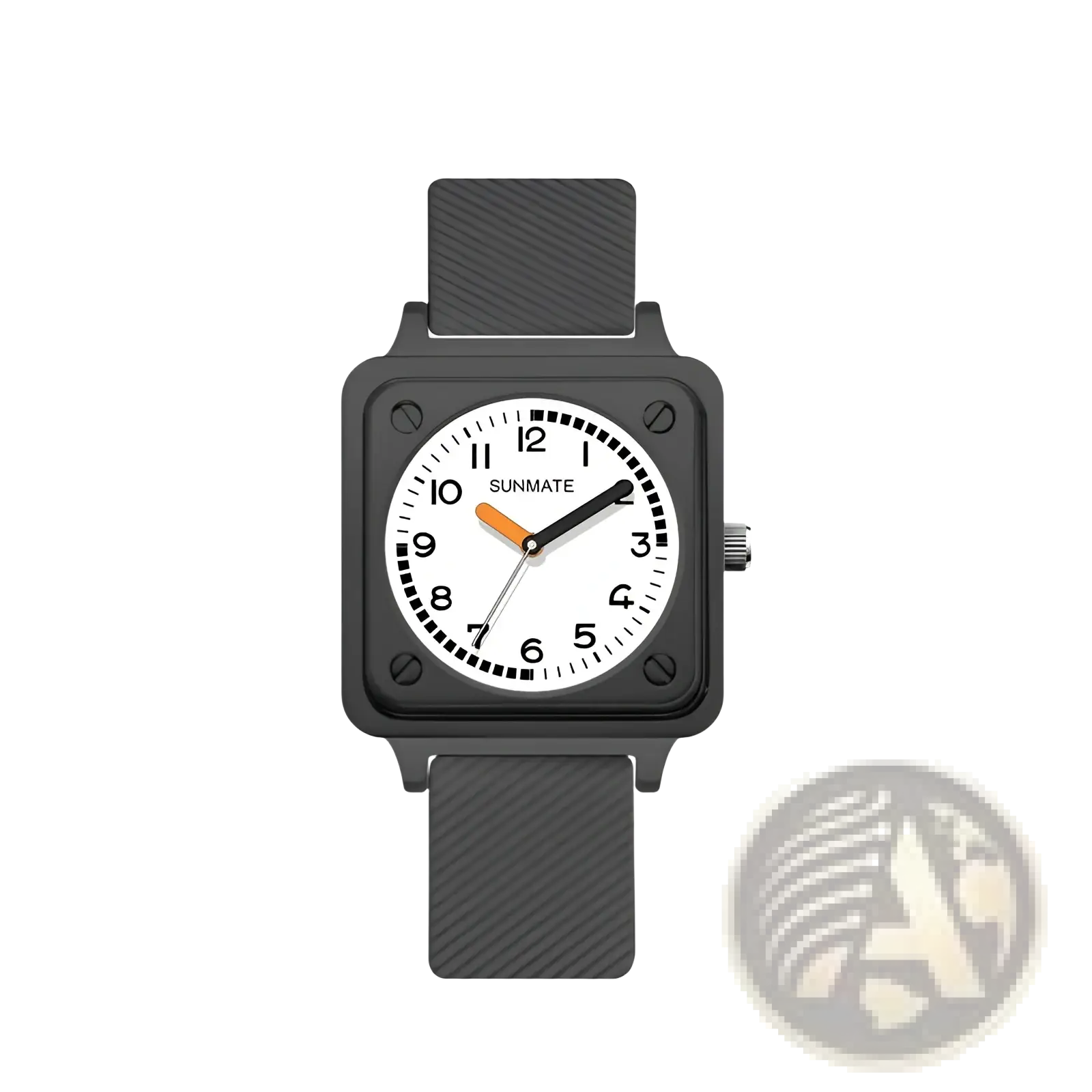 Square silicone quartz women watch with a black square face, white dial, bold numerals, and textured gray strap