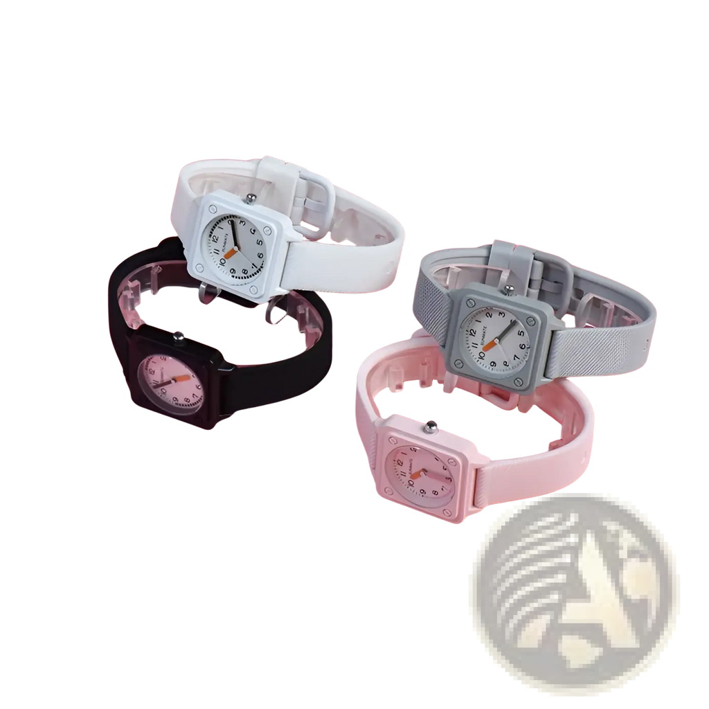 Four minimalist square silicone quartz women watches in white black gray and pink with silicone straps
