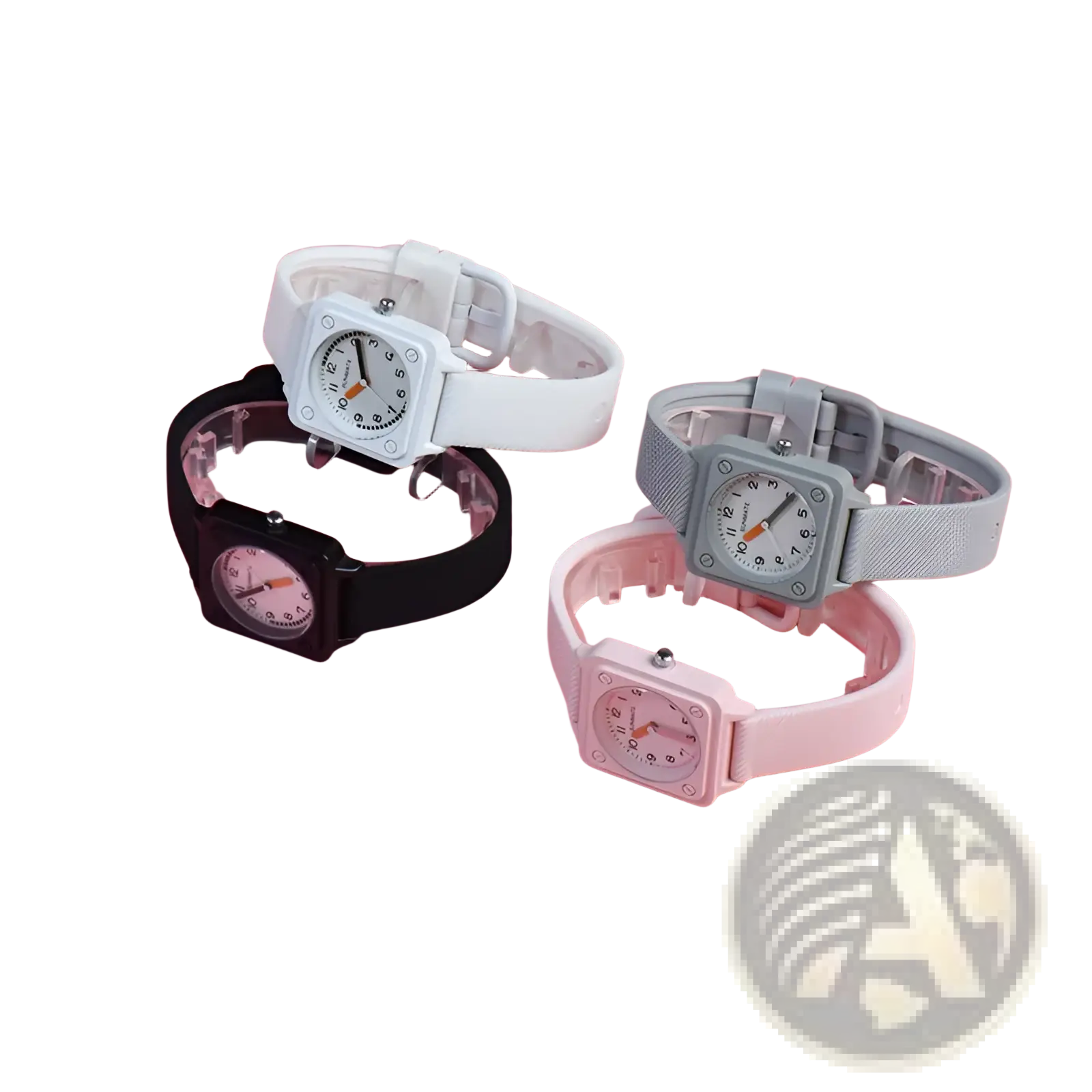 Four minimalist square silicone quartz women watches in white black gray and pink with silicone straps
