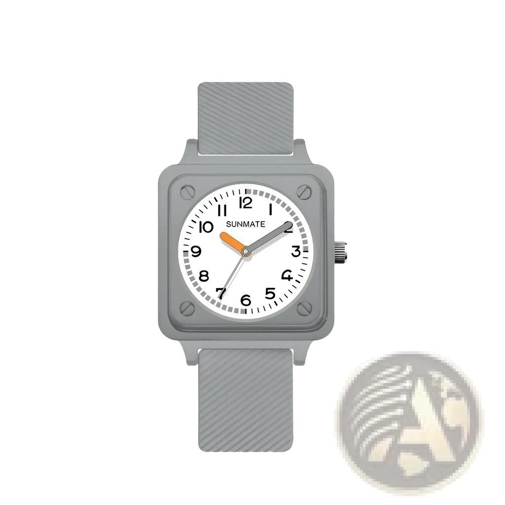 Gray square-faced sunmate silicone quartz women watch with textured strap and orange hour hand for stylish wear