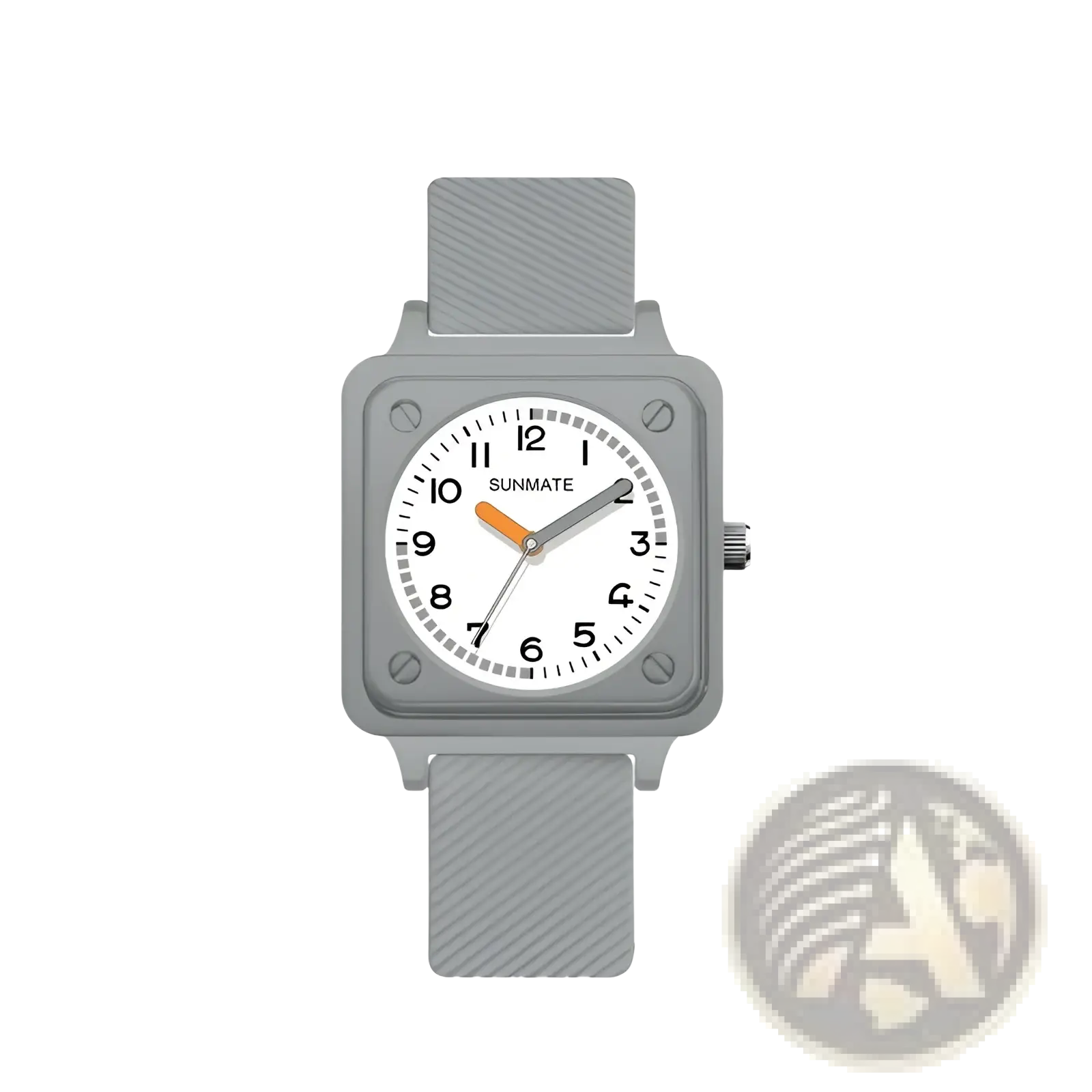 Gray square-faced sunmate silicone quartz women watch with textured strap and orange hour hand for stylish wear