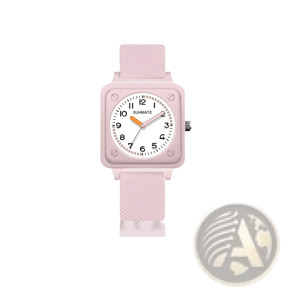 Square silicone quartz women watch with pink square face, matching textured strap, and white dial with black numerals