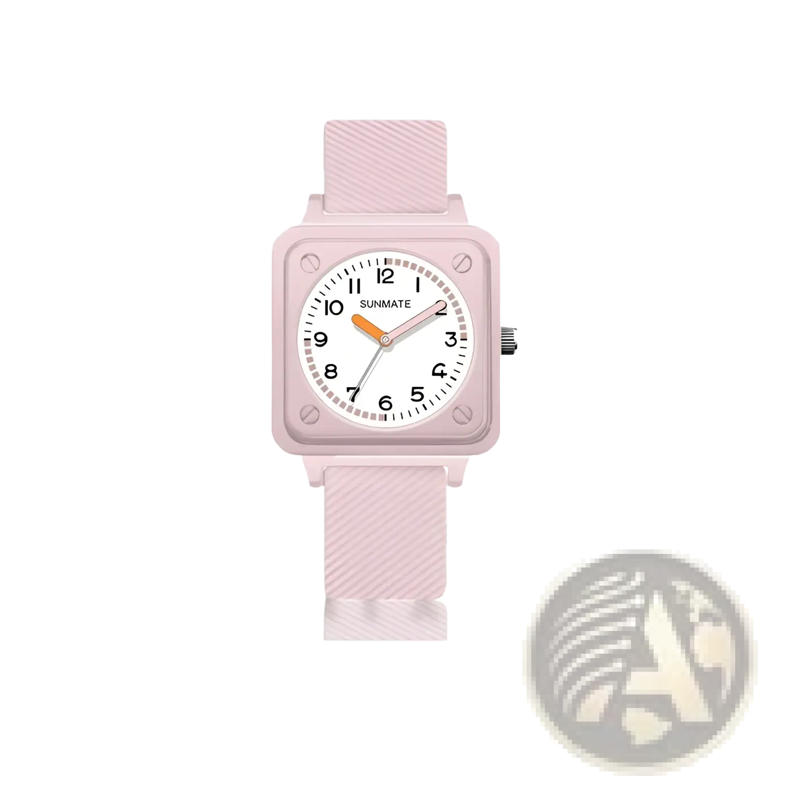 Square silicone quartz women watch with pink square face, matching textured strap, and white dial with black numerals