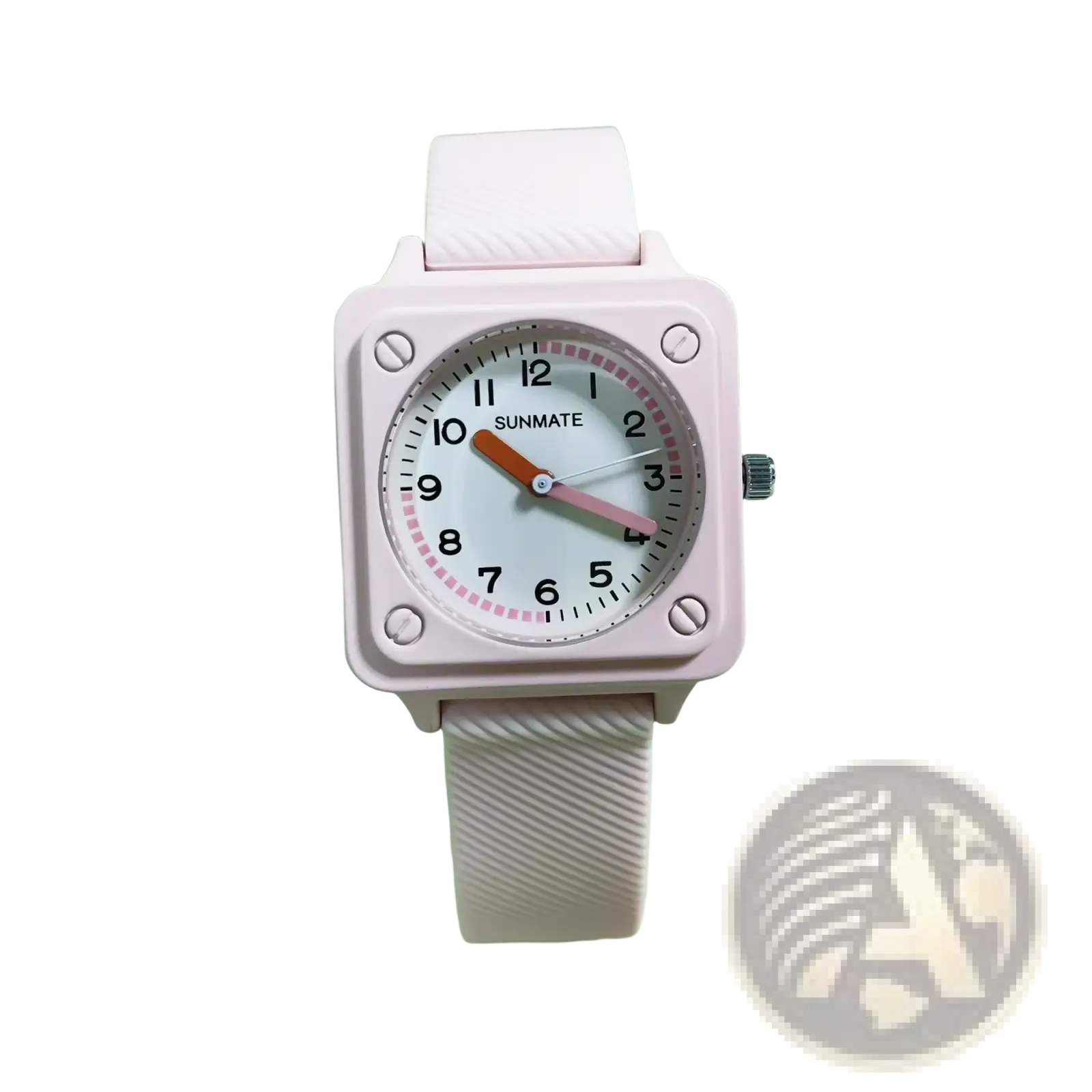 Square silicone quartz women watch pink sunmate square face with matching silicone strap and orange hands