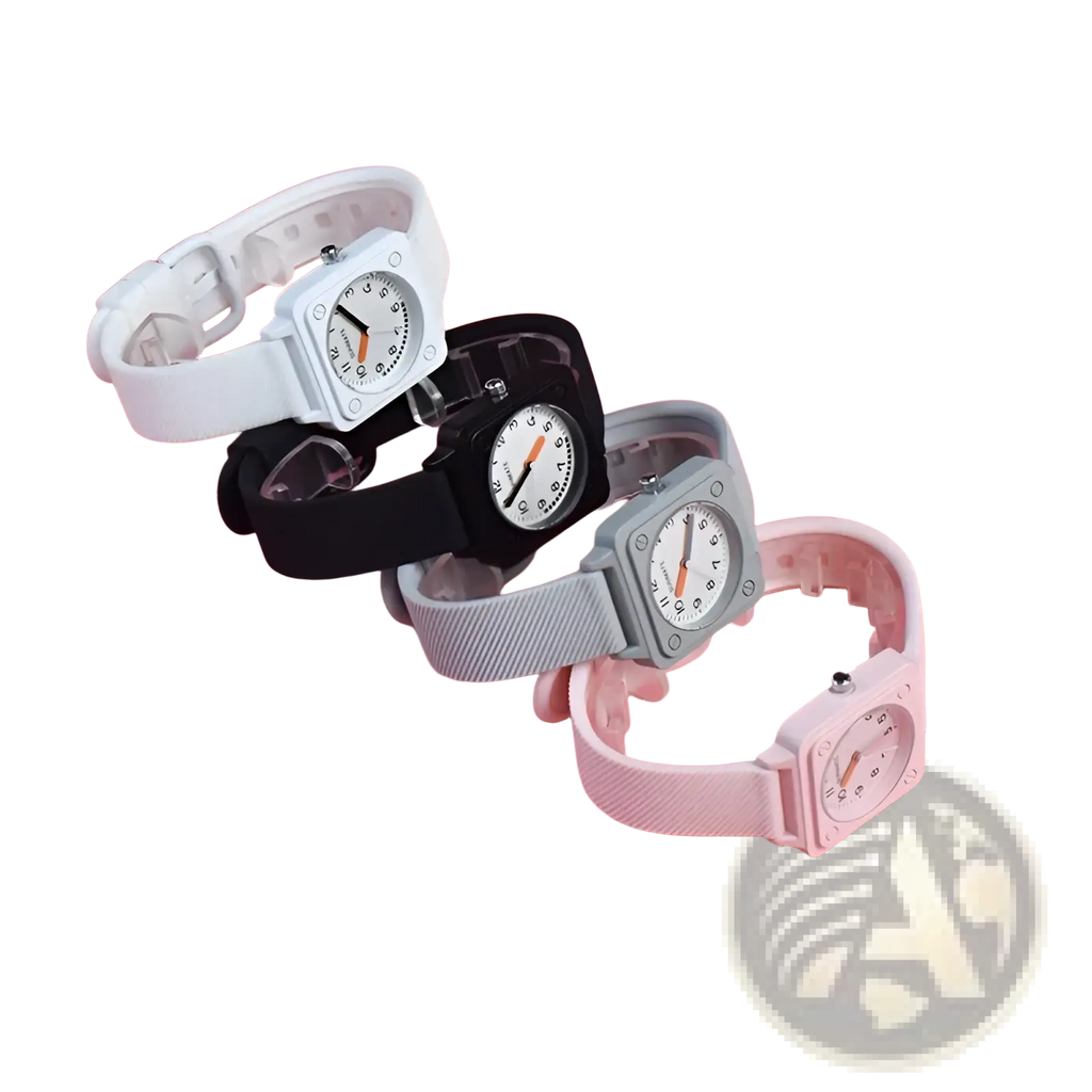A set of square silicone quartz women watches in white black gray and pink with silicone straps