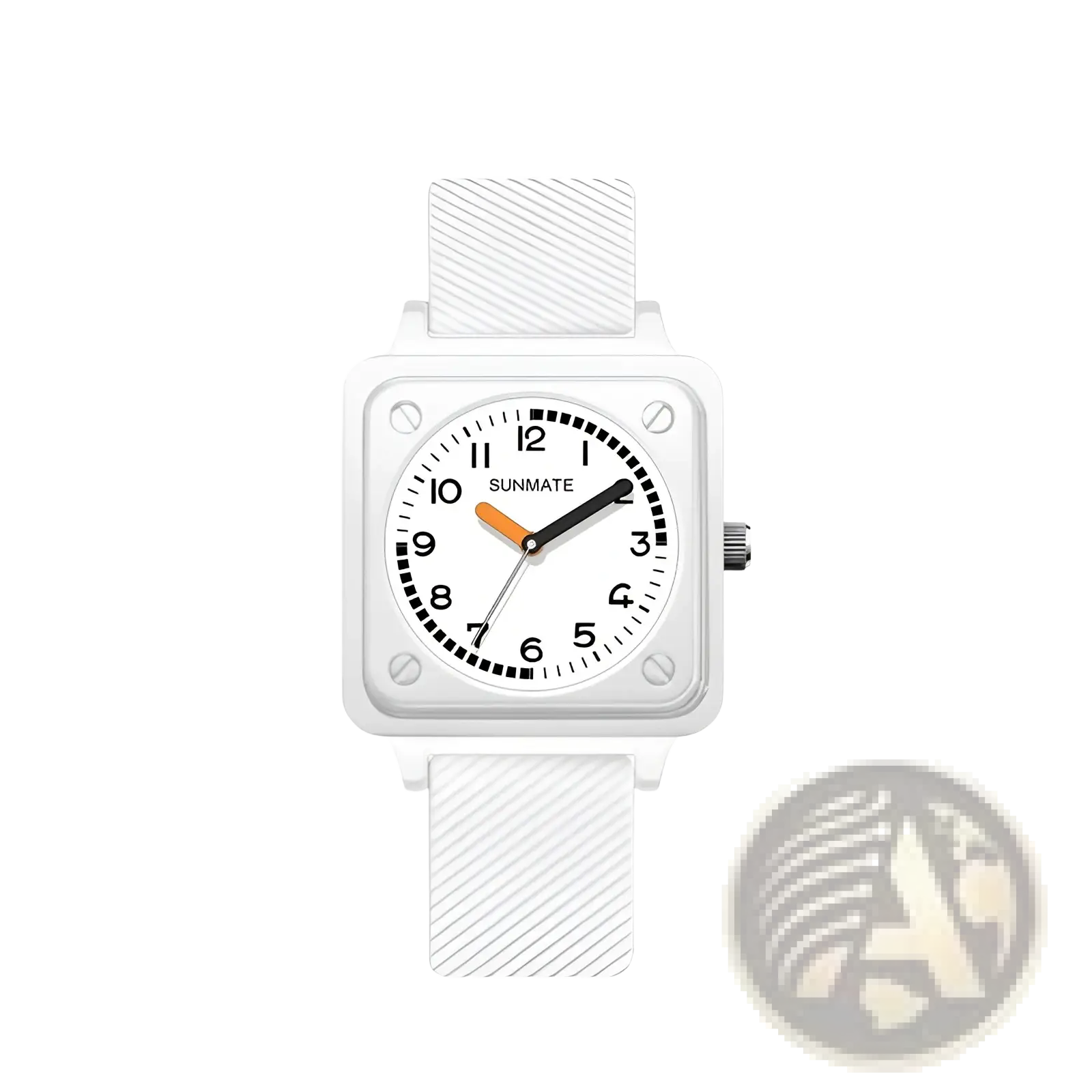 White sunmate square silicone quartz women watch with textured strap and orange hour hand
