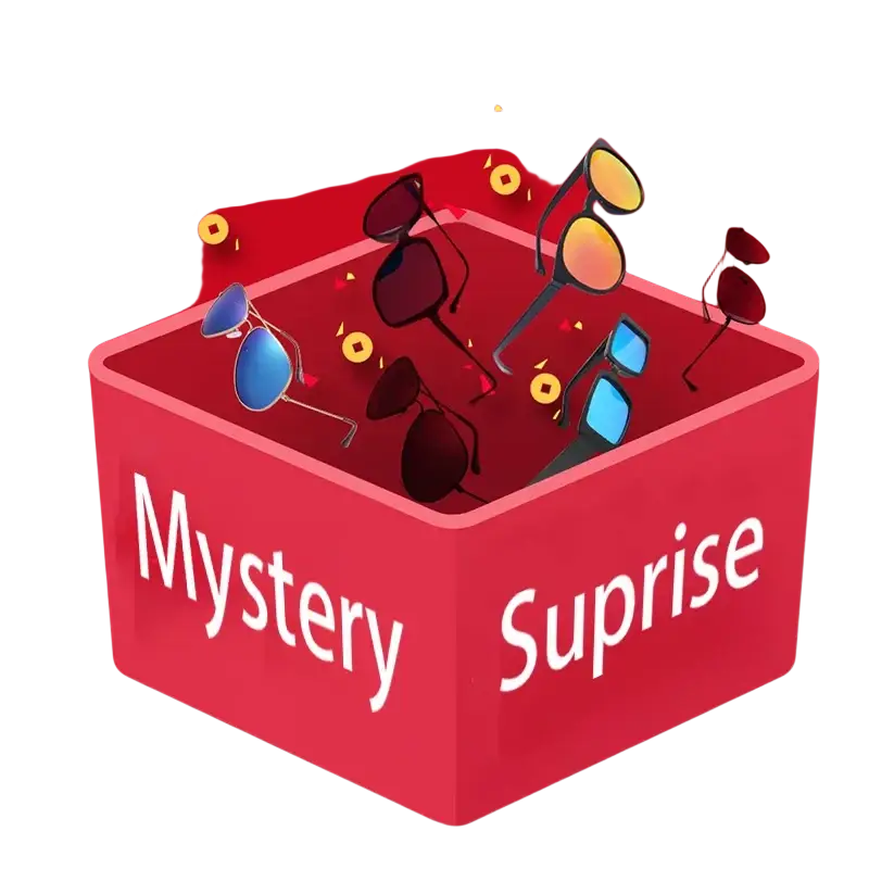 Red box labeled mystery surprise filled with assorted square sunglasses for women men uv400 vintage designer brand