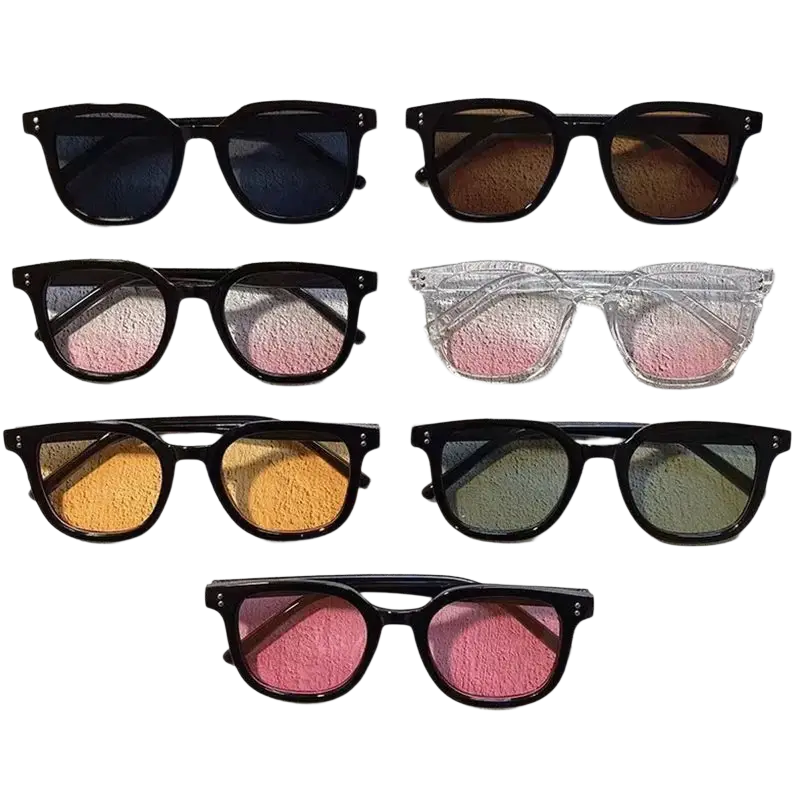 Six pairs of square-framed uv400 sunglasses for women men featuring gradient lenses in black brown pink orange and green hues