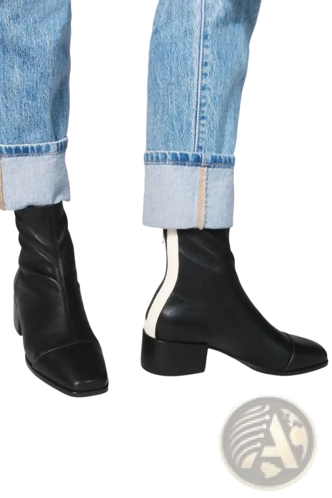 Black leather square toe ankle boots with white contrast zipper and low block heel for stylish wear