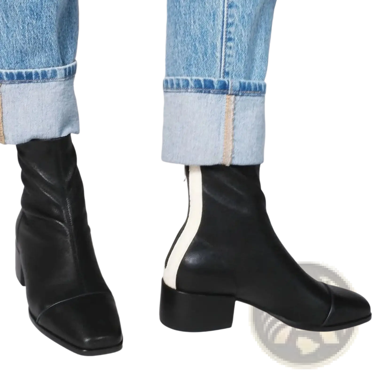 Black leather square toe ankle boots with a white contrast zipper pull on the side