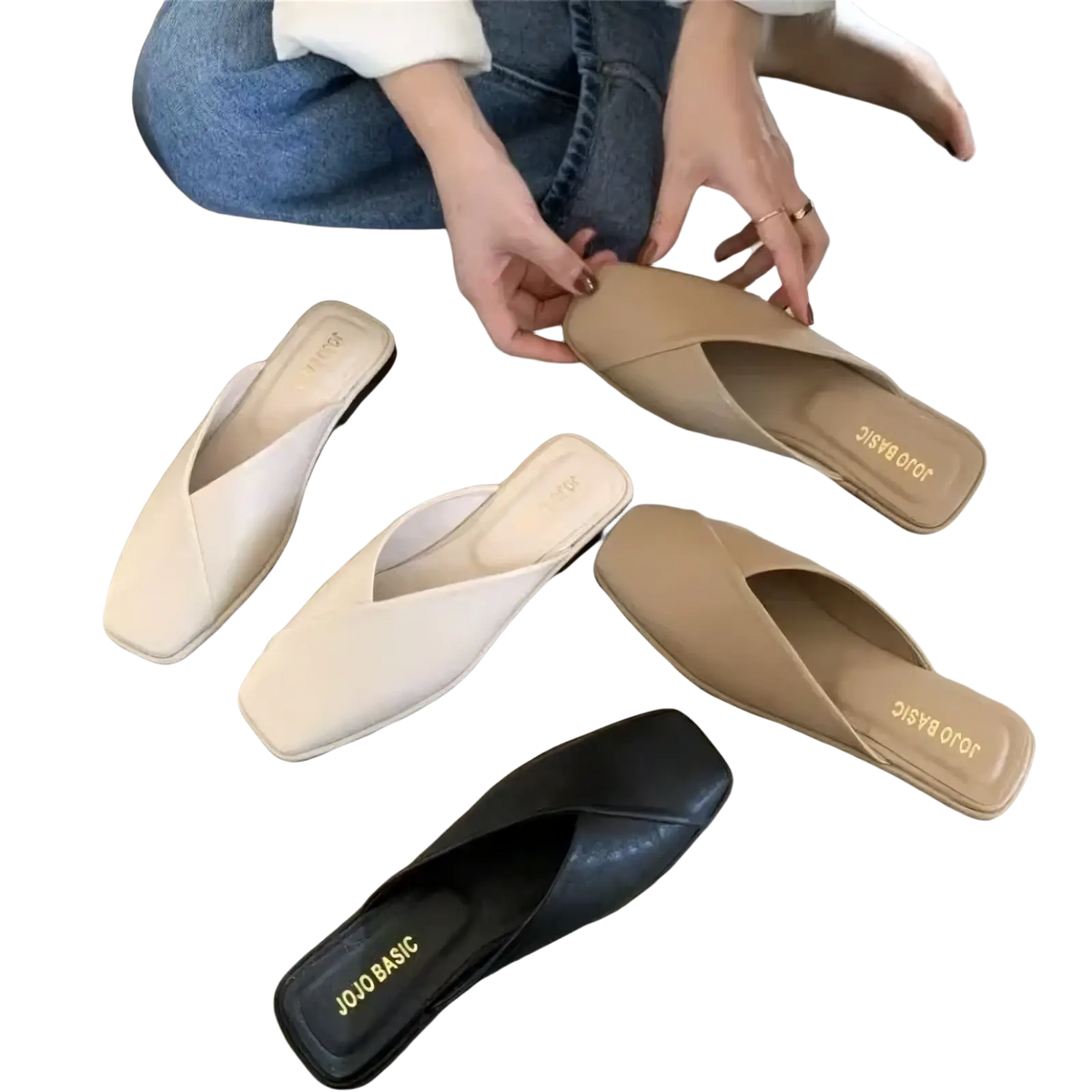 Beige and black square toe flat leather mules with a soft smooth leather finish for stylish comfort