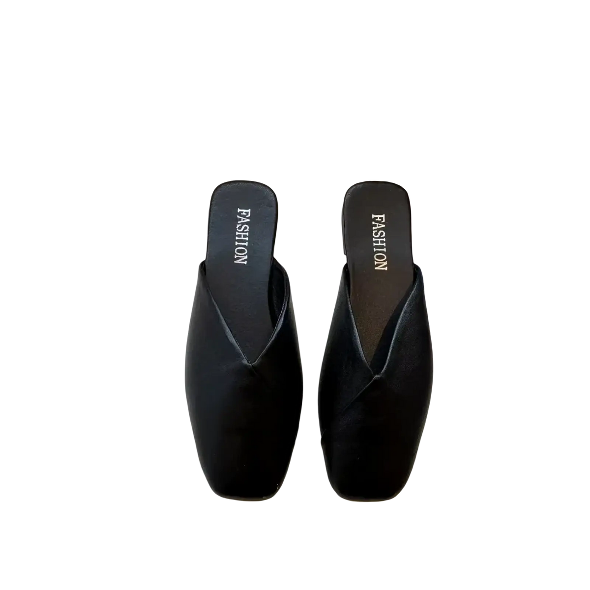 Black leather square toe flat mules with sleek design and fashion embossed on the insole