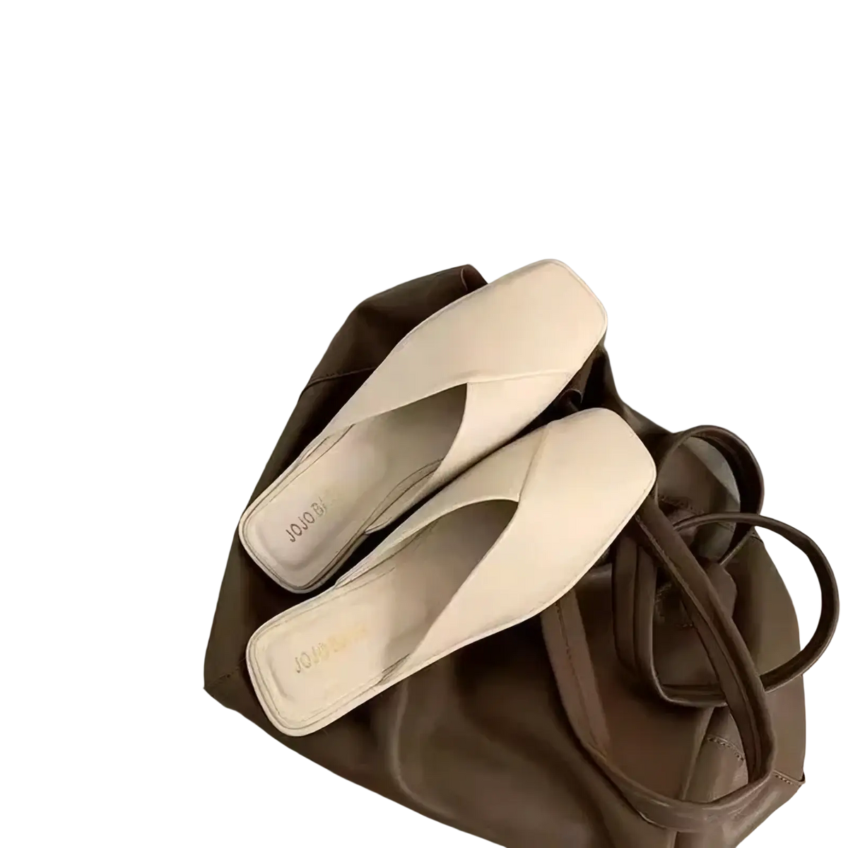 Beige square toe flat mules for women with a soft smooth leather finish and minimalist design for casual summer wear