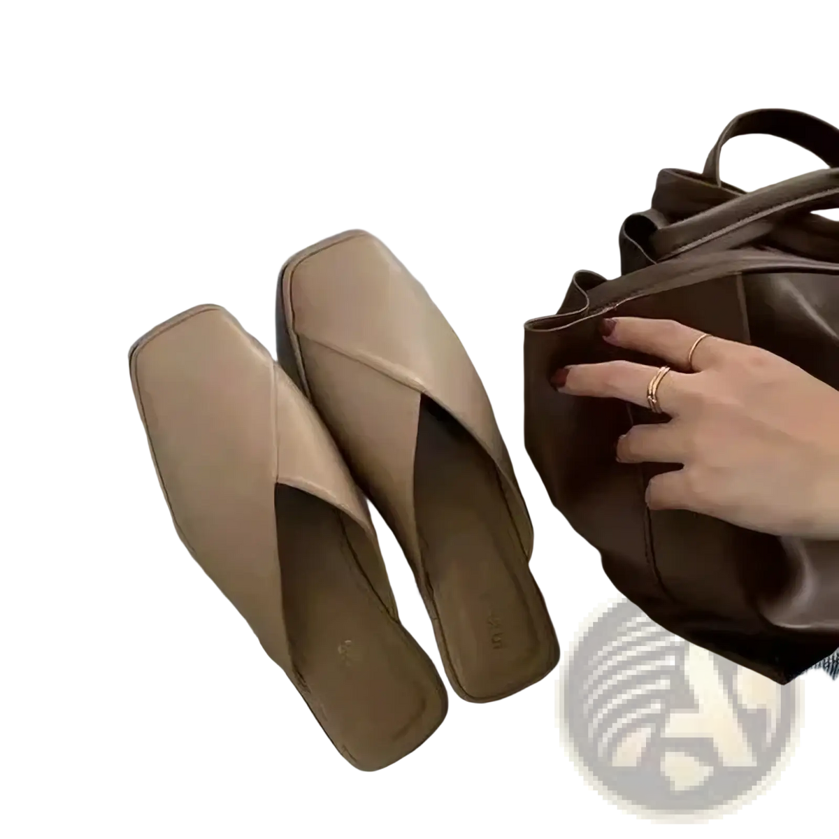 Beige leather square toe flat mules with cross-over design casual summer sandals for women