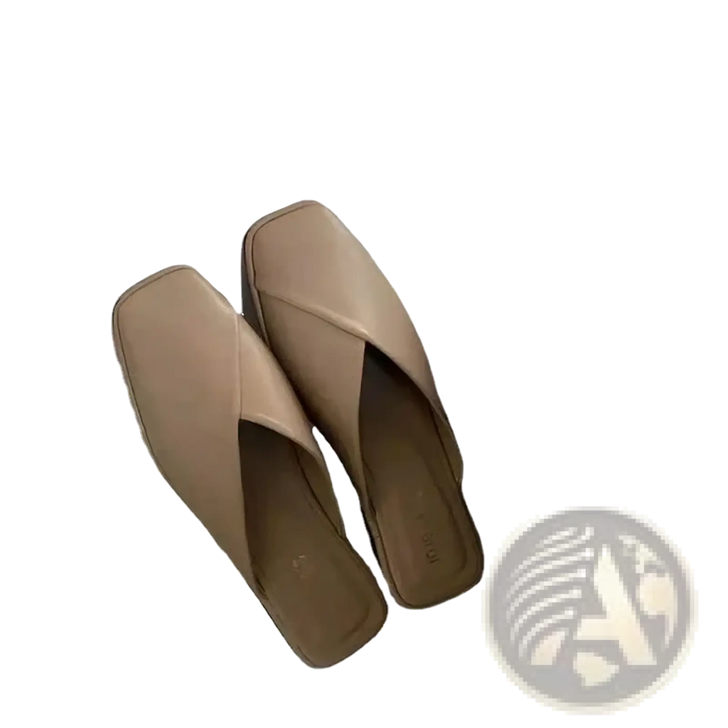 Beige leather square toe flat mules with cross-over design for women casual summer sandals