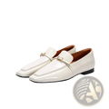 Cream-colored patent leather square toe loafers with gold-tone buckle accents for a stylish formal look