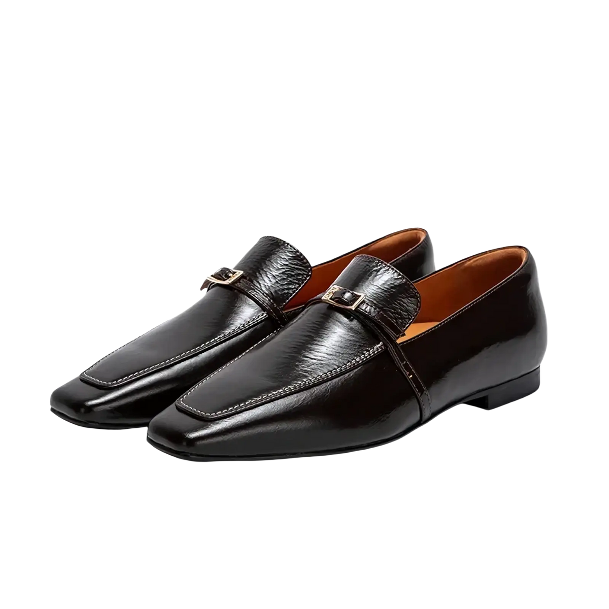 Black leather square toe loafers featuring a small metallic buckle on the vamp for a stylish look