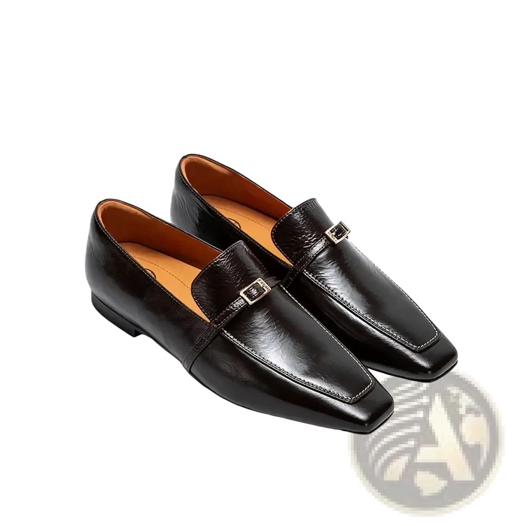 Black leather square toe loafers with silver-toned buckle accents perfect for formal and casual wear